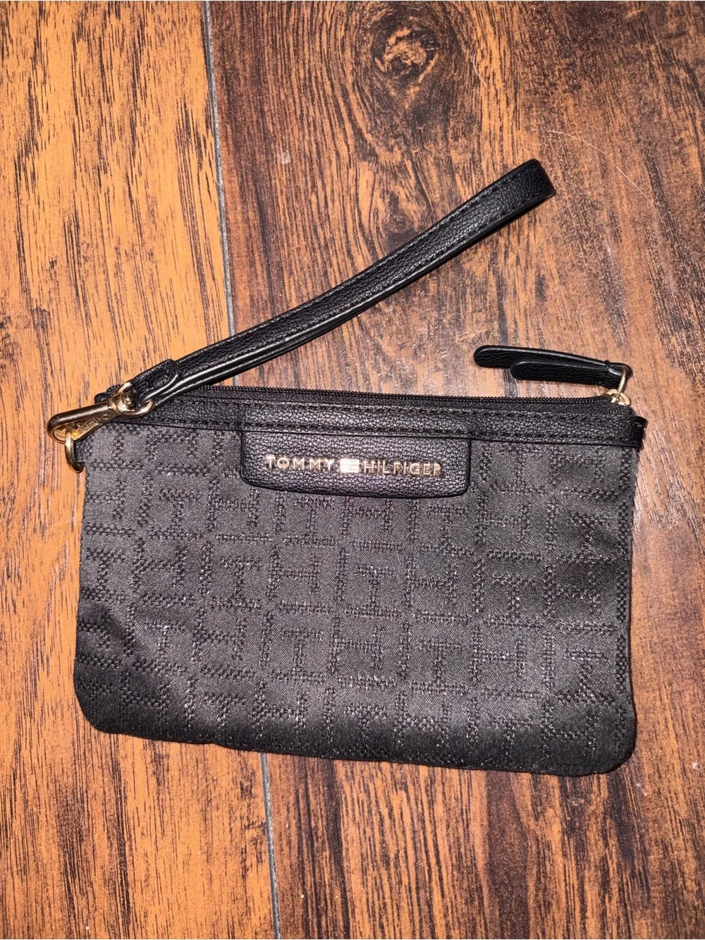 Tommy Hilfiger Black Quilted Logo Wristlet with Gold Hardware